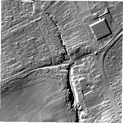 Shaded relief map of the ground around TS79PB, computed from Environment Agency LiDAR. The ground here sits at about 29 m above sea level and falls 24 m across the surrounding 800 m. Surface water reaching this point runs off ground lying to the south-east, 17.6 m higher.