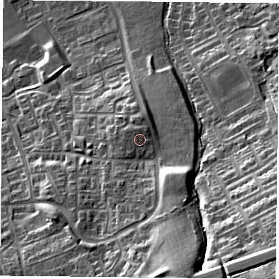 Shaded relief map of the ground around TS79PP, computed from Environment Agency LiDAR. The ground here sits at about 46 m above sea level and falls 38 m across the surrounding 800 m. Surface water reaching this point runs off ground lying to the north, 0.8 m higher.