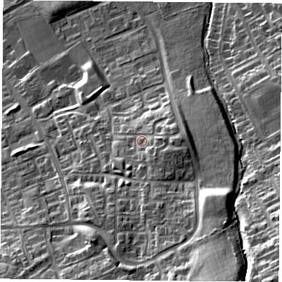 Shaded relief map of the ground around TS79PT, computed from Environment Agency LiDAR. The ground here sits at about 42 m above sea level and falls 35 m across the surrounding 800 m. Surface water reaching this point runs off ground lying to the south-east, 4.2 m higher.