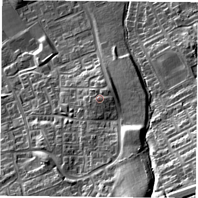 Shaded relief map of the ground around TS79PW, computed from Environment Agency LiDAR. The ground here sits at about 46 m above sea level and falls 36 m across the surrounding 800 m. Surface water reaching this point runs off ground lying to the south-south-west, 1.9 m higher.
