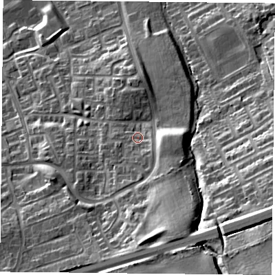 Shaded relief map of the ground around TS79PY, computed from Environment Agency LiDAR. The ground here sits at about 48 m above sea level and falls 40 m across the surrounding 800 m. Surface water reaching this point runs off ground lying to the south-south-east, 4.9 m higher.
