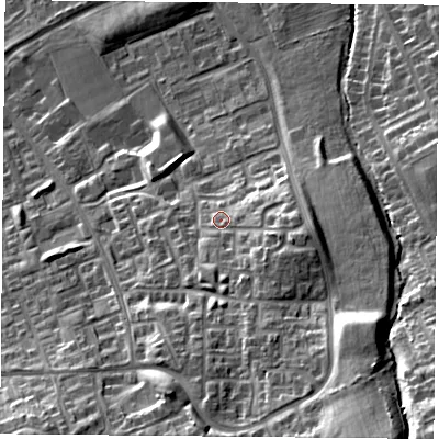 Shaded relief map of the ground around TS79QN, computed from Environment Agency LiDAR. The ground here sits at about 40 m above sea level and falls 33 m across the surrounding 800 m. Surface water reaching this point runs off ground lying to the south-east, 18.4 m higher.