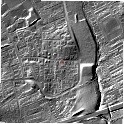 Shaded relief map of the ground around TS79RB, computed from Environment Agency LiDAR. The ground here sits at about 47 m above sea level and falls 38 m across the surrounding 800 m. Surface water reaching this point runs off ground lying to the south-south-east, 16.4 m higher.
