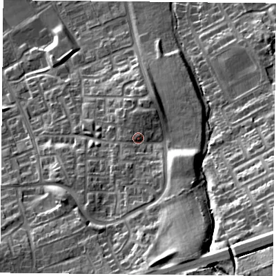 Shaded relief map of the ground around TS79RE, computed from Environment Agency LiDAR. The ground here sits at about 46 m above sea level and falls 38 m across the surrounding 800 m. Surface water reaching this point runs off ground lying to the south, 3.9 m higher.