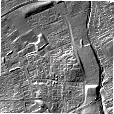 Shaded relief map of the ground around TS79RF, computed from Environment Agency LiDAR. The ground here sits at about 39 m above sea level and falls 32 m across the surrounding 800 m. Surface water reaching this point runs off ground lying to the east-south-east, 5.1 m higher.