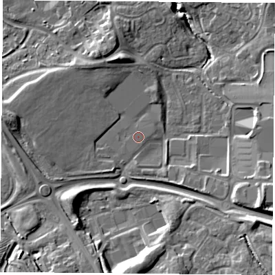 Shaded relief map of the ground around TS80GA, computed from Environment Agency LiDAR. The ground here sits at about 50 m above sea level and falls 15 m across the surrounding 800 m. The ground contributing surface water to this point lies to the west.