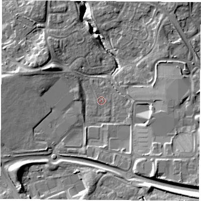 Shaded relief map of the ground around TS80TR, computed from Environment Agency LiDAR. The ground here sits at about 48 m above sea level and falls 18 m across the surrounding 800 m. Surface water reaching this point runs off ground lying to the south-south-east, 9.7 m higher.