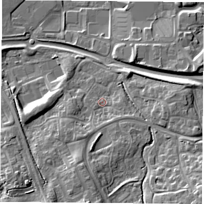 Shaded relief map of the ground around TS80TX, computed from Environment Agency LiDAR. The ground here sits at about 55 m above sea level and falls 18 m across the surrounding 800 m. Surface water reaching this point runs off ground lying to the south, 3.8 m higher.