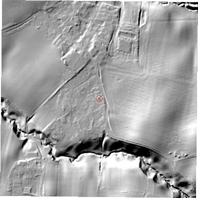 Shaded relief map of the ground around TS89DG, computed from Environment Agency LiDAR. The ground here sits at about 48 m above sea level and falls 28 m across the surrounding 800 m. Surface water reaching this point runs off ground lying to the south-east, 11.3 m higher.