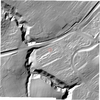 Shaded relief map of the ground around TS89ZE, computed from Environment Agency LiDAR. The ground here sits at about 57 m above sea level and falls 34 m across the surrounding 800 m. Surface water reaching this point runs off ground lying to the east-south-east, 9.1 m higher.