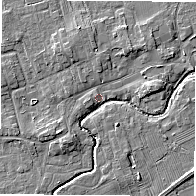 Shaded relief map of the ground around TS95AA, computed from Environment Agency LiDAR. The ground here sits at about 67 m above sea level and falls 7 m across the surrounding 800 m. Surface water reaching this point runs off ground lying to the east-north-east, 4.0 m higher.