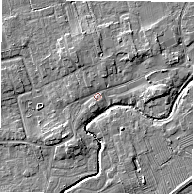 Shaded relief map of the ground around TS95AB, computed from Environment Agency LiDAR. The ground here sits at about 67 m above sea level and falls 6 m across the surrounding 800 m. Surface water reaching this point runs off ground lying to the south-west, 3.9 m higher.