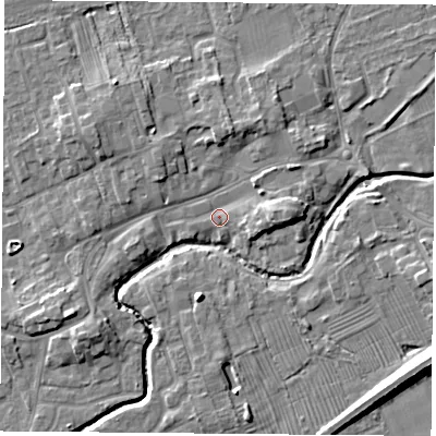 Shaded relief map of the ground around TS95AD, computed from Environment Agency LiDAR. The ground here sits at about 67 m above sea level and falls 10 m across the surrounding 800 m. Surface water reaching this point runs off ground lying to the east, 3.7 m higher.