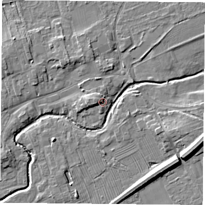 Shaded relief map of the ground around TS95AG, computed from Environment Agency LiDAR. The ground here sits at about 68 m above sea level and falls 10 m across the surrounding 800 m. Surface water reaching this point runs off ground lying to the west-north-west, 2.7 m higher.