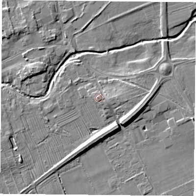 Shaded relief map of the ground around TS95AH, computed from Environment Agency LiDAR. The ground here sits at about 70 m above sea level and falls 9 m across the surrounding 800 m. Surface water reaching this point runs off ground lying to the east, 2.0 m higher.