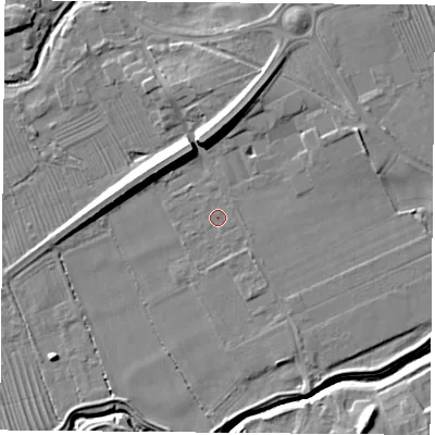 Shaded relief map of the ground around TS95AJ, computed from Environment Agency LiDAR. The ground here sits at about 68 m above sea level and falls 10 m across the surrounding 800 m. The ground contributing surface water to this point lies to the east.