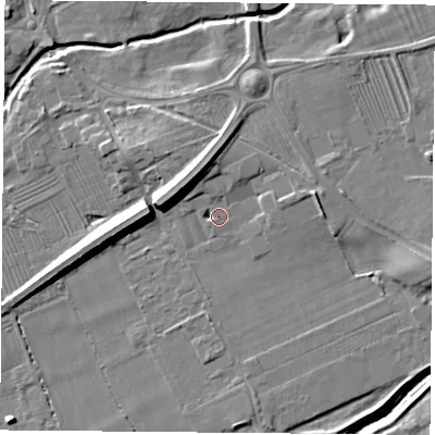 Shaded relief map of the ground around TS95AL, computed from Environment Agency LiDAR. The ground here sits at about 68 m above sea level and falls 9 m across the surrounding 800 m. Surface water reaching this point runs off ground lying to the north, 3.4 m higher.