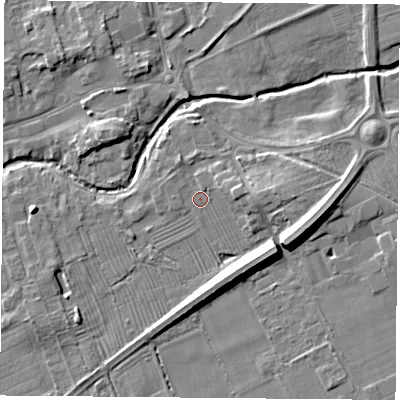 Shaded relief map of the ground around TS95AP, computed from Environment Agency LiDAR. The ground here sits at about 68 m above sea level and falls 9 m across the surrounding 800 m. Surface water reaching this point runs off ground lying to the east-north-east, 2.1 m higher.
