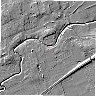 Shaded relief map of the ground around TS95AR, computed from Environment Agency LiDAR. The ground here sits at about 66 m above sea level and falls 11 m across the surrounding 800 m. Surface water reaching this point runs off ground lying to the east, 5.9 m higher.