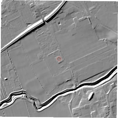 Shaded relief map of the ground around TS95AS, computed from Environment Agency LiDAR. The ground here sits at about 68 m above sea level and falls 11 m across the surrounding 800 m. Surface water reaching this point runs off ground lying to the north, 0.8 m higher.