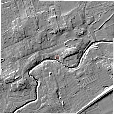 Shaded relief map of the ground around TS95AT, computed from Environment Agency LiDAR. The ground here sits at about 67 m above sea level and falls 10 m across the surrounding 800 m. Surface water reaching this point runs off ground lying to the east-south-east, 5.5 m higher.