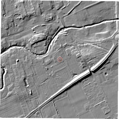Shaded relief map of the ground around TS95AU, computed from Environment Agency LiDAR. The ground here sits at about 68 m above sea level and falls 10 m across the surrounding 800 m. Surface water reaching this point runs off ground lying to the north, 0.8 m higher.