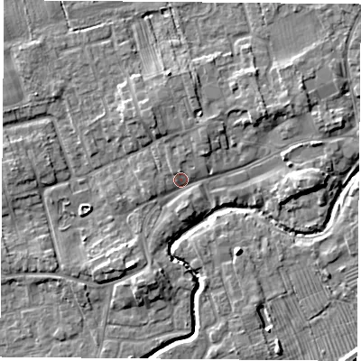 Shaded relief map of the ground around TS95AX, computed from Environment Agency LiDAR. The ground here sits at about 67 m above sea level and falls 6 m across the surrounding 800 m. Surface water reaching this point runs off ground lying to the south-south-west, 3.9 m higher.