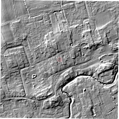 Shaded relief map of the ground around TS95AY, computed from Environment Agency LiDAR. The ground here sits at about 68 m above sea level and falls 6 m across the surrounding 800 m. Surface water reaching this point runs off ground lying to the north, 2.4 m higher.