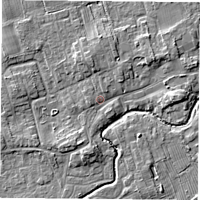 Shaded relief map of the ground around TS95BA, computed from Environment Agency LiDAR. The ground here sits at about 67 m above sea level and falls 6 m across the surrounding 800 m. Surface water reaching this point runs off ground lying to the south-south-west, 3.9 m higher.