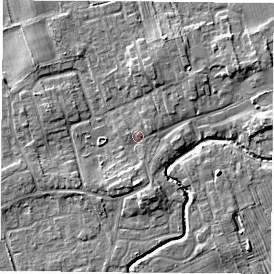 Shaded relief map of the ground around TS95BB, computed from Environment Agency LiDAR. The ground here sits at about 67 m above sea level and falls 6 m across the surrounding 800 m. Surface water reaching this point runs off ground lying to the south, 2.3 m higher.
