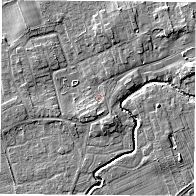 Shaded relief map of the ground around TS95BD, computed from Environment Agency LiDAR. The ground here sits at about 67 m above sea level and falls 7 m across the surrounding 800 m. Surface water reaching this point runs off ground lying to the south-south-west, 2.2 m higher.