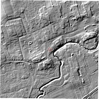 Shaded relief map of the ground around TS95BE, computed from Environment Agency LiDAR. The ground here sits at about 67 m above sea level and falls 7 m across the surrounding 800 m. Surface water reaching this point runs off ground lying to the south-west, 3.2 m higher.