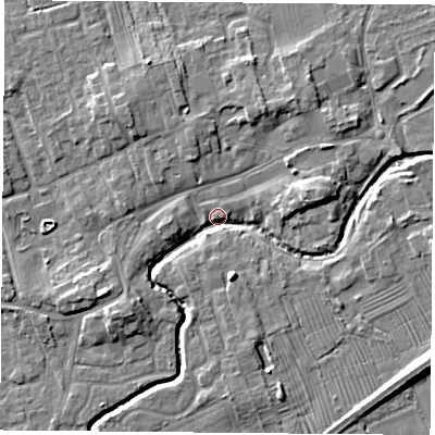 Shaded relief map of the ground around TS95BF, computed from Environment Agency LiDAR. The ground here sits at about 67 m above sea level and falls 9 m across the surrounding 800 m. Surface water reaching this point runs off ground lying to the east-north-east, 5.3 m higher.