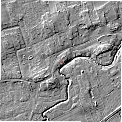 Shaded relief map of the ground around TS95BG, computed from Environment Agency LiDAR. The ground here sits at about 67 m above sea level and falls 7 m across the surrounding 800 m. Surface water reaching this point runs off ground lying to the north-east, 1.6 m higher.
