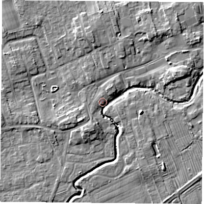 Shaded relief map of the ground around TS95BJ, computed from Environment Agency LiDAR. The ground here sits at about 67 m above sea level and falls 7 m across the surrounding 800 m. Surface water reaching this point runs off ground lying to the south-south-west, 5.0 m higher.