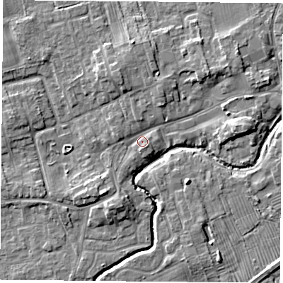 Shaded relief map of the ground around TS95BQ, computed from Environment Agency LiDAR. The ground here sits at about 67 m above sea level and falls 6 m across the surrounding 800 m. Surface water reaching this point runs off ground lying to the south-west, 3.9 m higher.