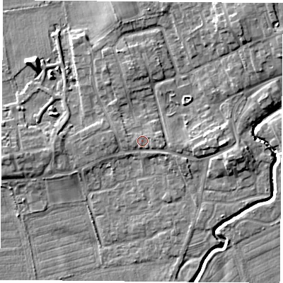 Shaded relief map of the ground around TS95BU, computed from Environment Agency LiDAR. The ground here sits at about 67 m above sea level and falls 7 m across the surrounding 800 m. Surface water reaching this point runs off ground lying to the east, 1.2 m higher.