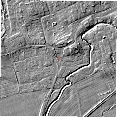 Shaded relief map of the ground around TS95BW, computed from Environment Agency LiDAR. The ground here sits at about 66 m above sea level and falls 7 m across the surrounding 800 m. Surface water reaching this point runs off ground lying to the north-north-east, 4.1 m higher.