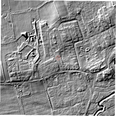 Shaded relief map of the ground around TS95BY, computed from Environment Agency LiDAR. The ground here sits at about 67 m above sea level and falls 7 m across the surrounding 800 m. Surface water reaching this point runs off ground lying to the north-east, 3.7 m higher.