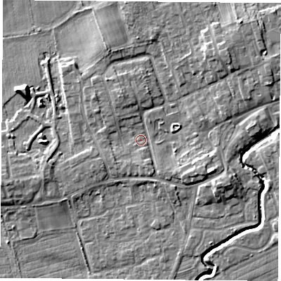Shaded relief map of the ground around TS95DA, computed from Environment Agency LiDAR. The ground here sits at about 66 m above sea level and falls 7 m across the surrounding 800 m. Surface water reaching this point runs off ground lying to the north-east, 3.8 m higher.