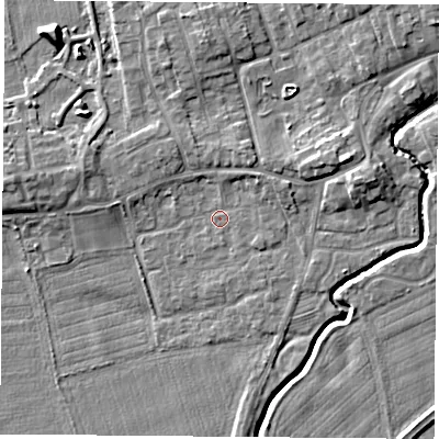 Shaded relief map of the ground around TS95DD, computed from Environment Agency LiDAR. The ground here sits at about 65 m above sea level and falls 7 m across the surrounding 800 m. Surface water reaching this point runs off ground lying to the east-north-east, 2.3 m higher.