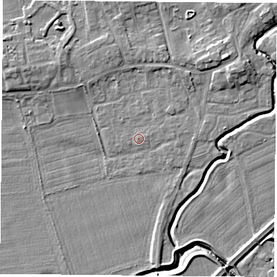 Shaded relief map of the ground around TS95DE, computed from Environment Agency LiDAR. The ground here sits at about 65 m above sea level and falls 8 m across the surrounding 800 m. Surface water reaching this point runs off ground lying to the east-north-east, 0.7 m higher.