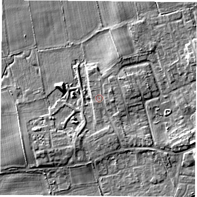 Shaded relief map of the ground around TS95DF, computed from Environment Agency LiDAR. The ground here sits at about 67 m above sea level and falls 6 m across the surrounding 800 m. Surface water reaching this point runs off ground lying to the east-north-east, 2.0 m higher.