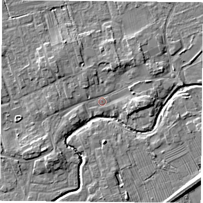 Shaded relief map of the ground around TS95DG, computed from Environment Agency LiDAR. The ground here sits at about 67 m above sea level and falls 9 m across the surrounding 800 m. Surface water reaching this point runs off ground lying to the east, 3.7 m higher.