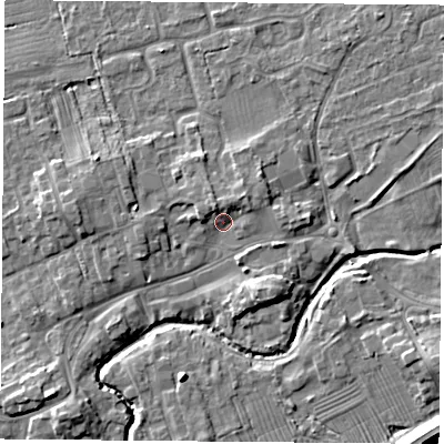 Shaded relief map of the ground around TS95DL, computed from Environment Agency LiDAR. The ground here sits at about 68 m above sea level and falls 10 m across the surrounding 800 m. Surface water reaching this point runs off ground lying to the north-east, 2.7 m higher.