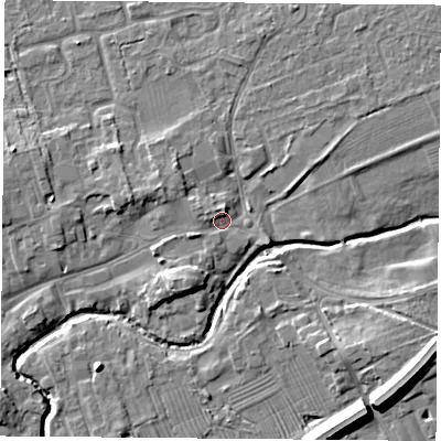 Shaded relief map of the ground around TS95DP, computed from Environment Agency LiDAR. The ground here sits at about 68 m above sea level and falls 10 m across the surrounding 800 m. Surface water reaching this point runs off ground lying to the west-north-west, 2.0 m higher.