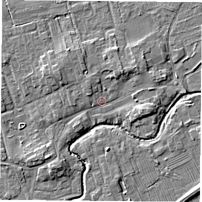 Shaded relief map of the ground around TS95DQ, computed from Environment Agency LiDAR. The ground here sits at about 67 m above sea level and falls 8 m across the surrounding 800 m. Surface water reaching this point runs off ground lying to the east, 3.7 m higher.