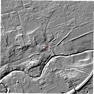 Shaded relief map of the ground around TS95DS, computed from Environment Agency LiDAR. The ground here sits at about 67 m above sea level and falls 10 m across the surrounding 800 m. Surface water reaching this point runs off ground lying to the west-north-west, 2.5 m higher.