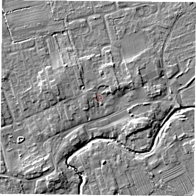 Shaded relief map of the ground around TS95DU, computed from Environment Agency LiDAR. The ground here sits at about 67 m above sea level and falls 6 m across the surrounding 800 m. Surface water reaching this point runs off ground lying to the east-north-east, 3.0 m higher.