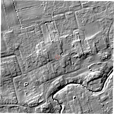 Shaded relief map of the ground around TS95DY, computed from Environment Agency LiDAR. The ground here sits at about 68 m above sea level and falls 6 m across the surrounding 800 m. Surface water reaching this point runs off ground lying to the north-north-west, 1.1 m higher.
